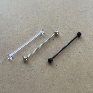 Set of Three Barbell Piercings - Black, Silver, Clear stainless steel